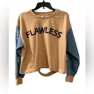 Jolie & Joy Jeans Women’s Distressed Cropped Pullover Shirt Size 1X Blue and Tan